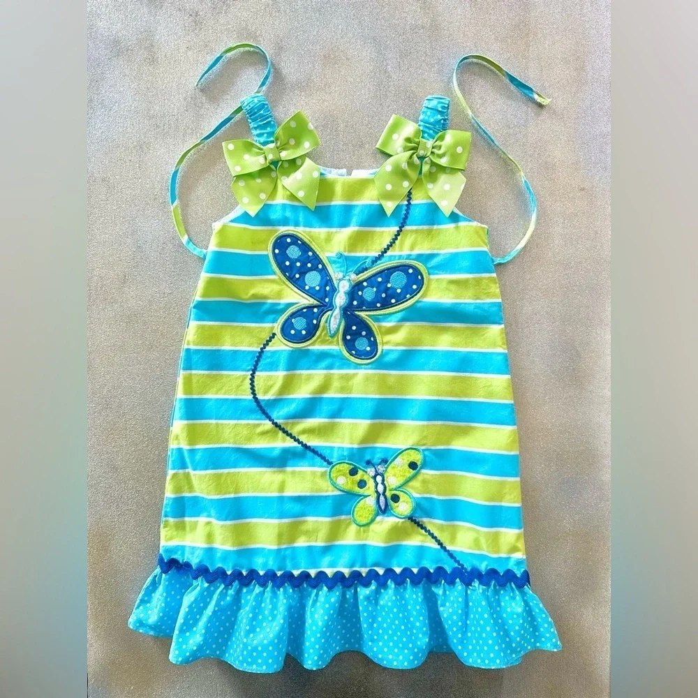 Youngland Girl Green & Blue Striped with PolkaDot Ruffles Butterfly Dress (1072)